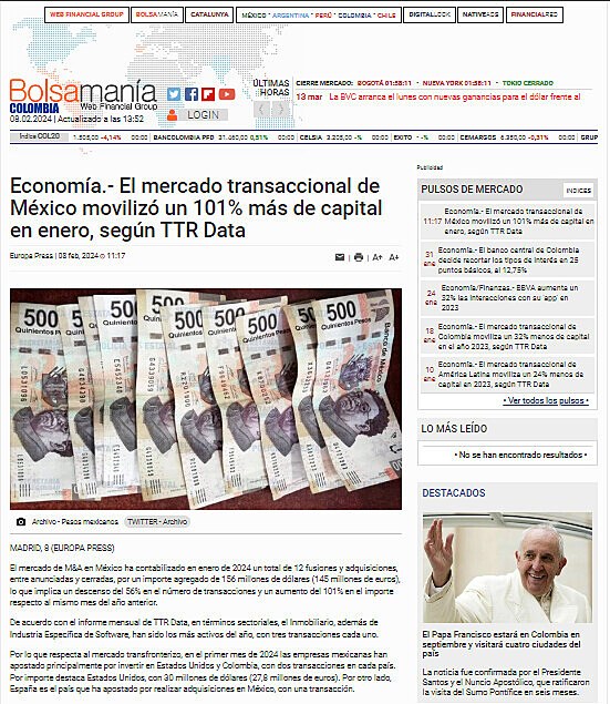 Economa.- El mercado transaccional de Mxico moviliz un 101% ms de capital en enero, segn TTR Data